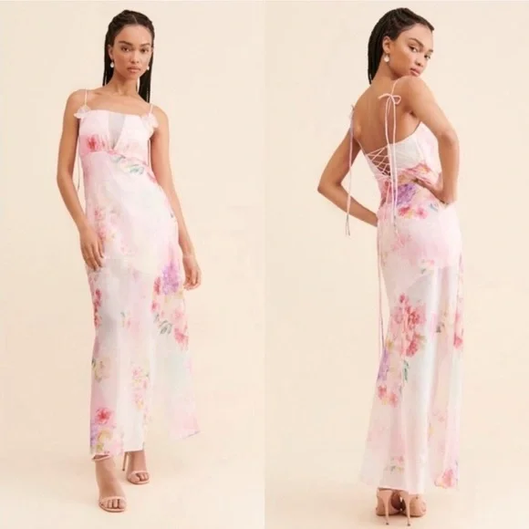 For Love & Lemons Lisa Sheer Floral Maxi Dress Pink Size XS - Picture 1 of 8